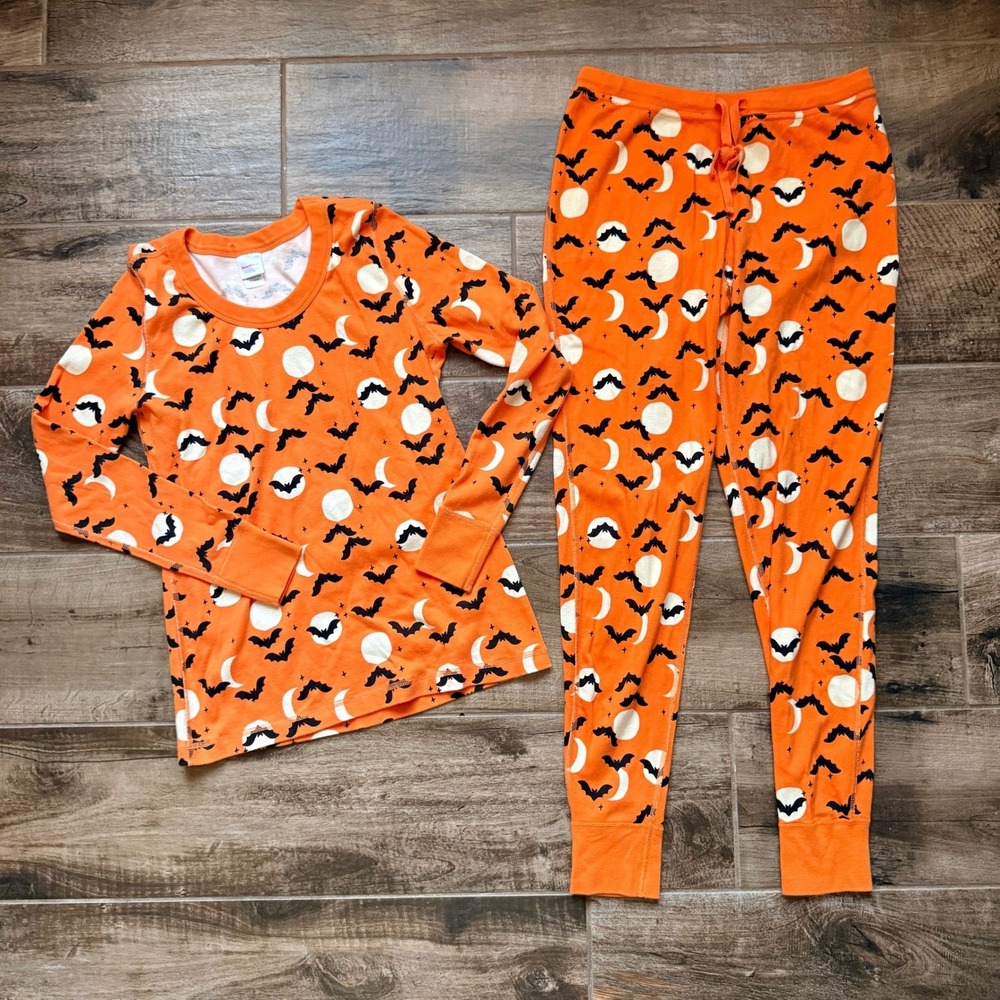 Hanna Andersson Women Halloween Bat Organic Cotton Pajama Set,Orange Black, M